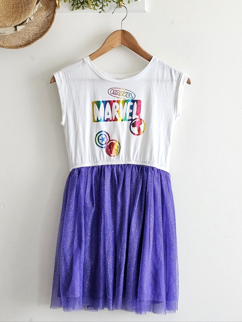 Marvel Girls Tutu Dress XL 12 Purple Tulle Rainbow Graphic Avengers